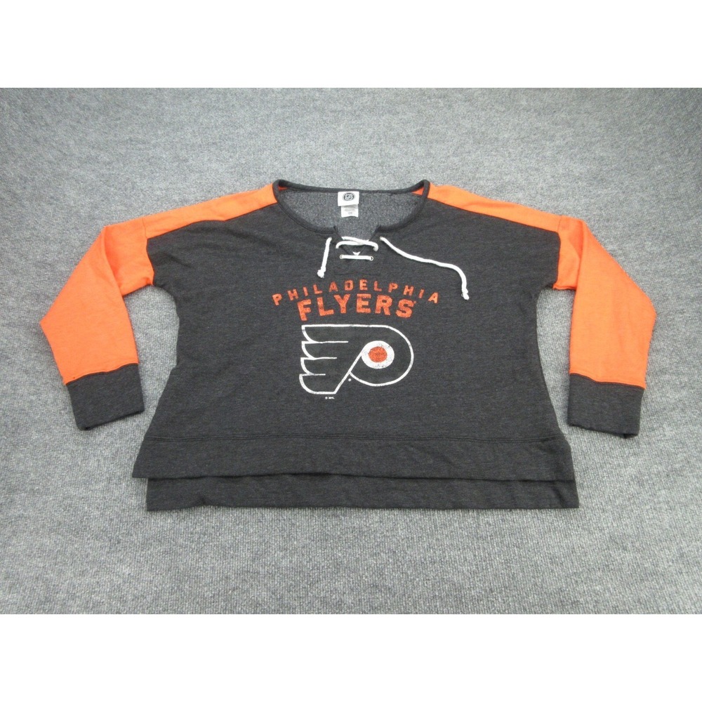 NHL Womens Philadelphia Flyers Sweatshirt Relaxed Gray Orange Lace Up L 12/14